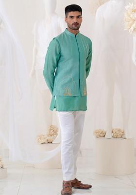 Teal Blue Cut Pipe Embellished Summer Bundi Jacket For Men