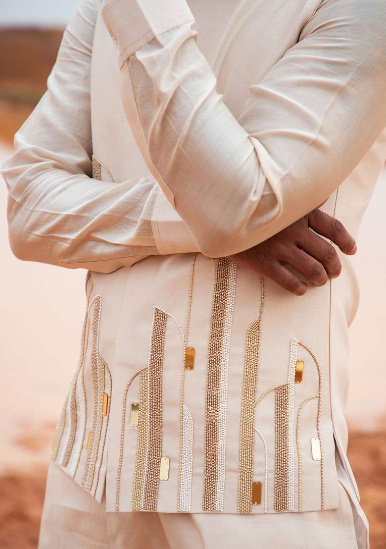 Sand Brown Bead Embellished Abstract Bundi Jacket For Men - Indya