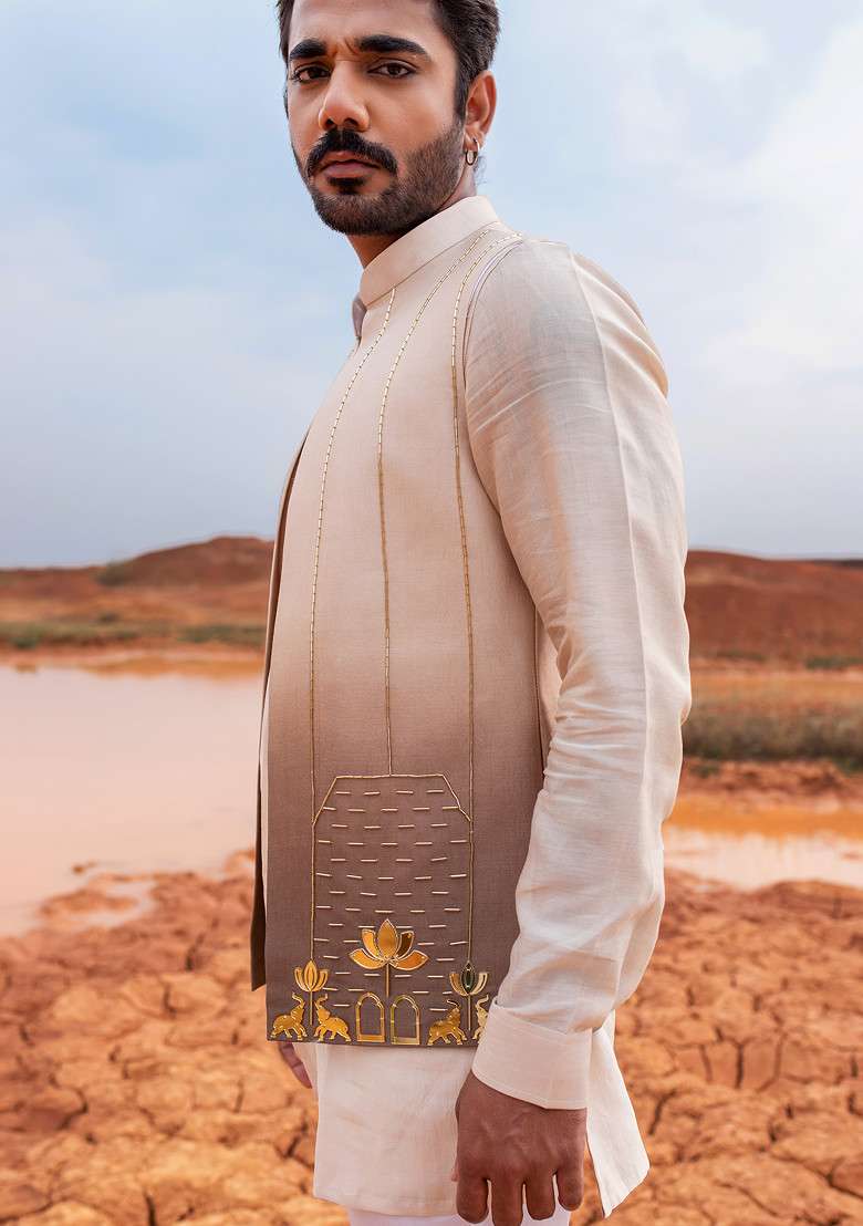 Brown Ombre Cut Pipe Embellished Bundi Jacket For Men - Indya