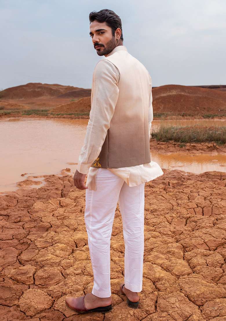 Brown Ombre Cut Pipe Embellished Bundi Jacket For Men - Indya