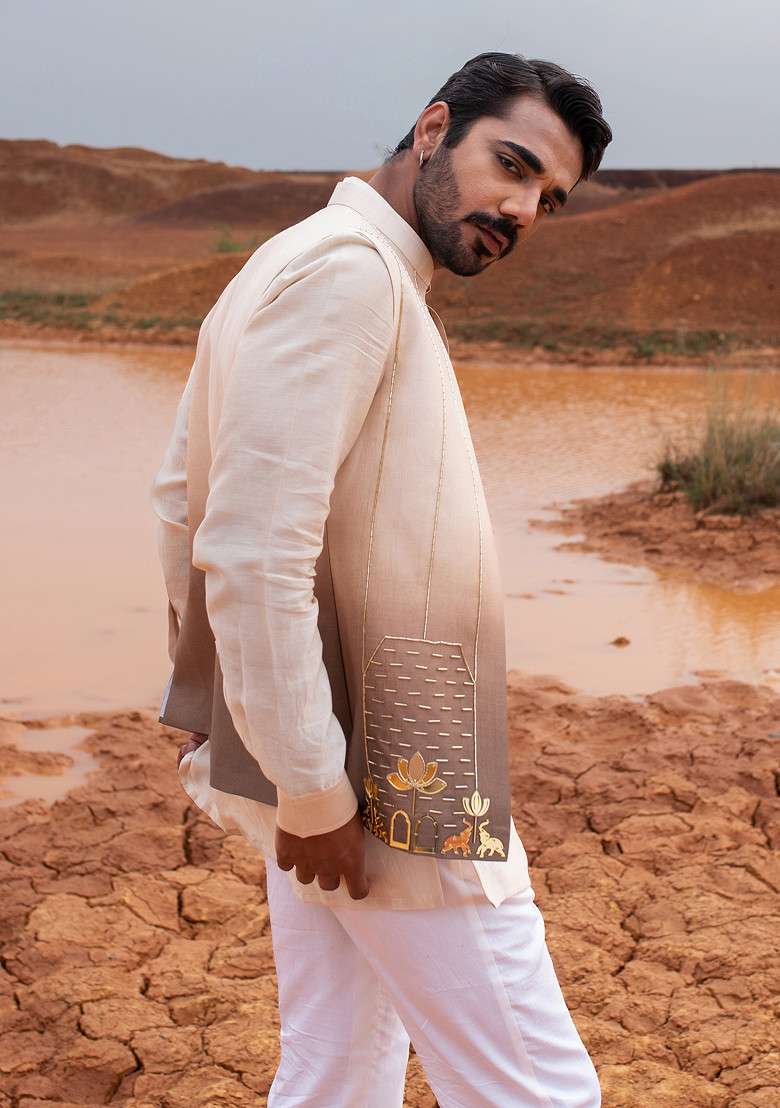 Brown Ombre Cut Pipe Embellished Bundi Jacket For Men - Indya