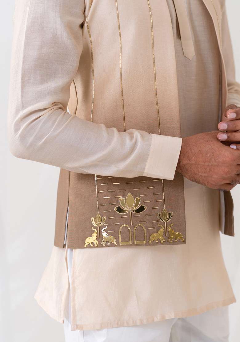 Brown Ombre Cut Pipe Embellished Bundi Jacket For Men - Indya