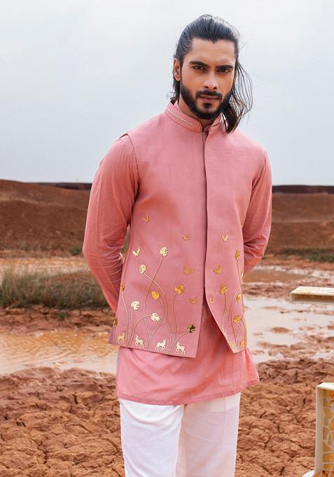 Dusty Pink Cut Pipe Embellished Bundi Jacket For Men