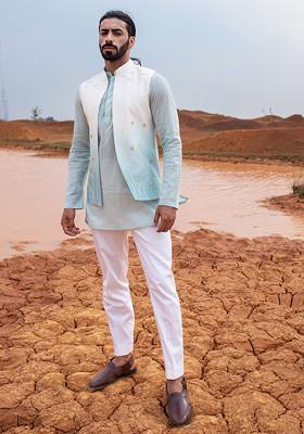 Blue Ombre Cut Pipe Embellished Bundi Jacket For Men