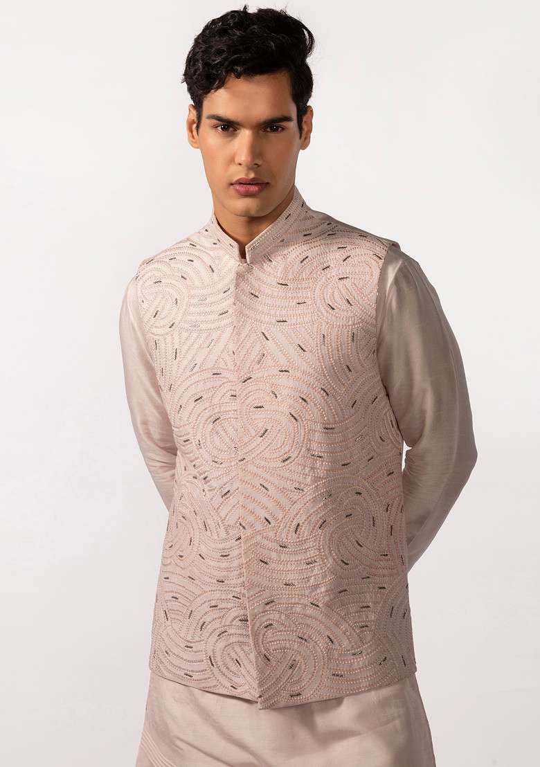 Blush Pink Embroidered Jacket For Men - Indya