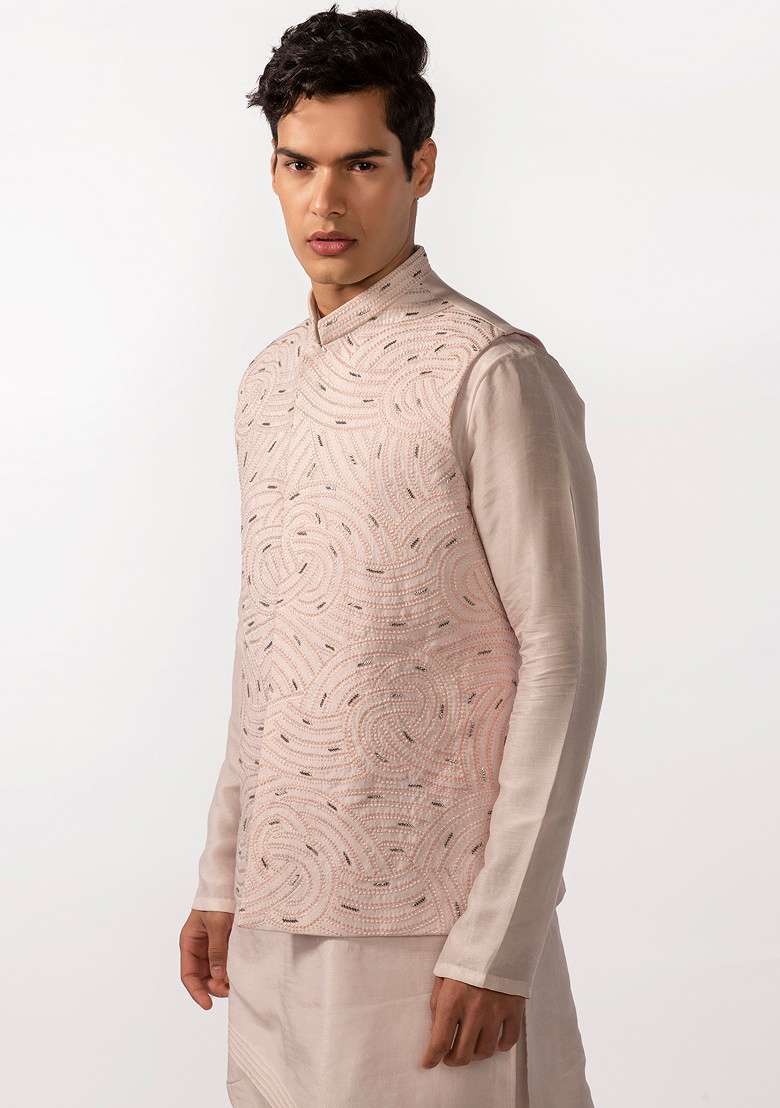 Blush Pink Embroidered Jacket For Men - Indya
