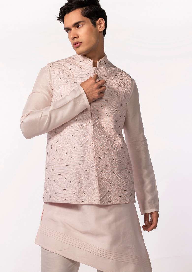 Blush Pink Embroidered Jacket For Men - Indya