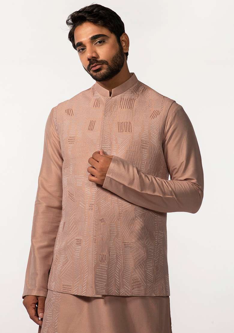Onion Pink Embroidered Bundi Jacket For Men - Indya