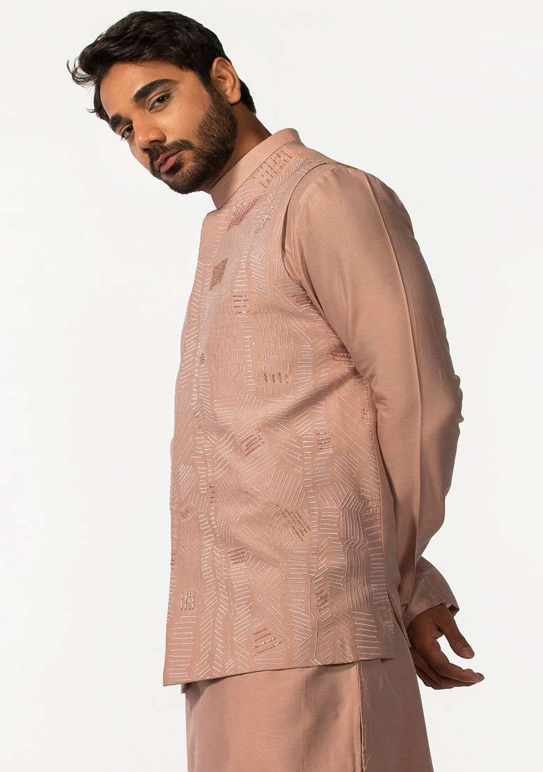 Onion Pink Embroidered Bundi Jacket For Men - Indya