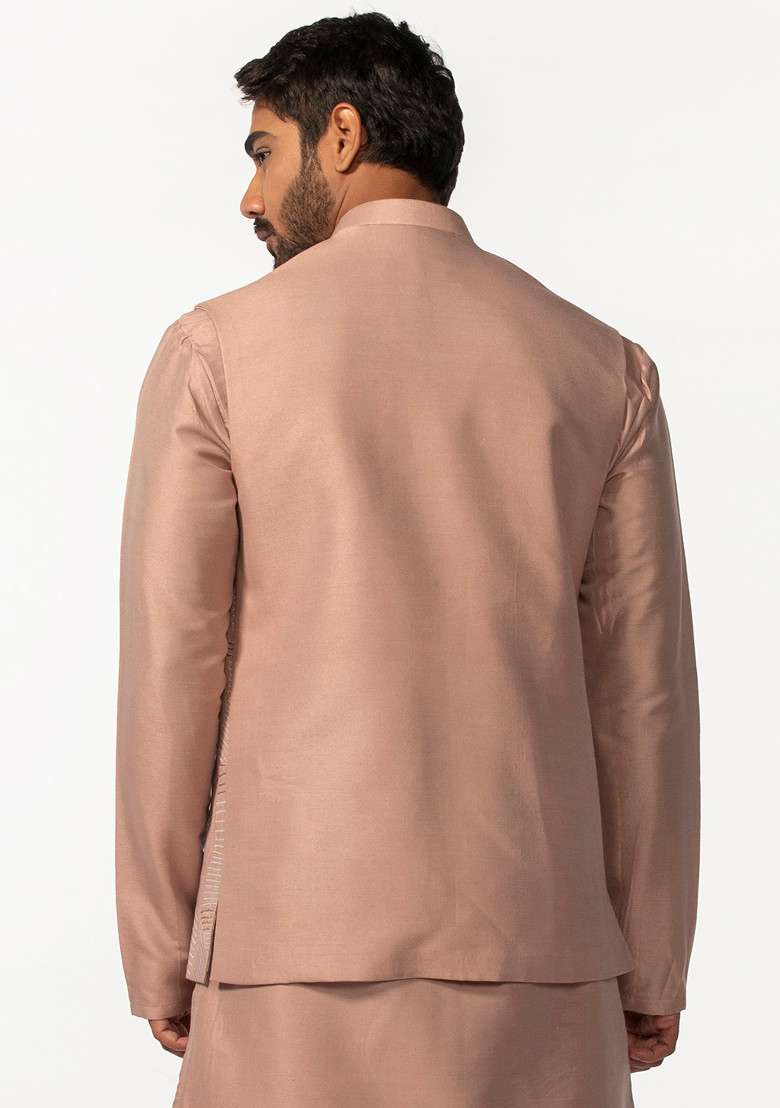 Onion Pink Embroidered Bundi Jacket For Men - Indya