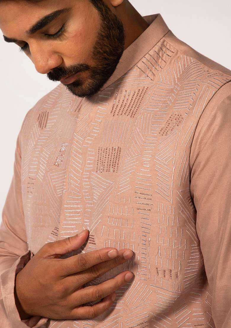 Onion Pink Embroidered Bundi Jacket For Men - Indya
