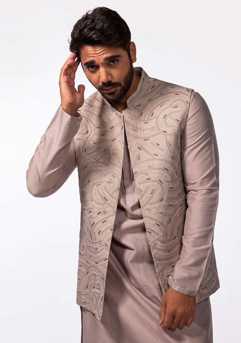 Mauve Embroidered Bundi Jacket For Men - Indya