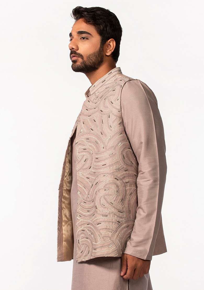 Mauve Embroidered Bundi Jacket For Men - Indya