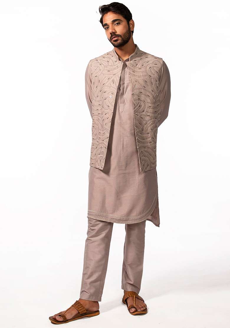 Mauve Embroidered Bundi Jacket For Men - Indya