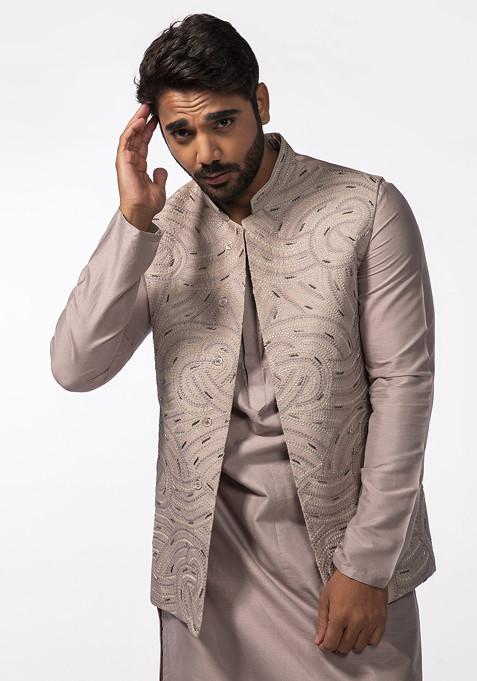 Mauve Embroidered Bundi Jacket For Men