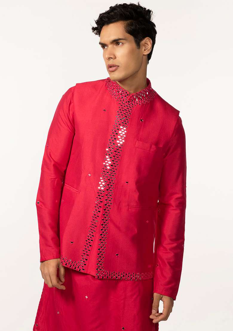 Hot Pink Mirror Work Bundi Jacket For Men - Indya