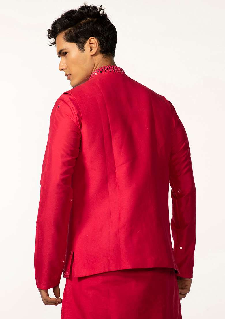 Hot Pink Mirror Work Bundi Jacket For Men - Indya
