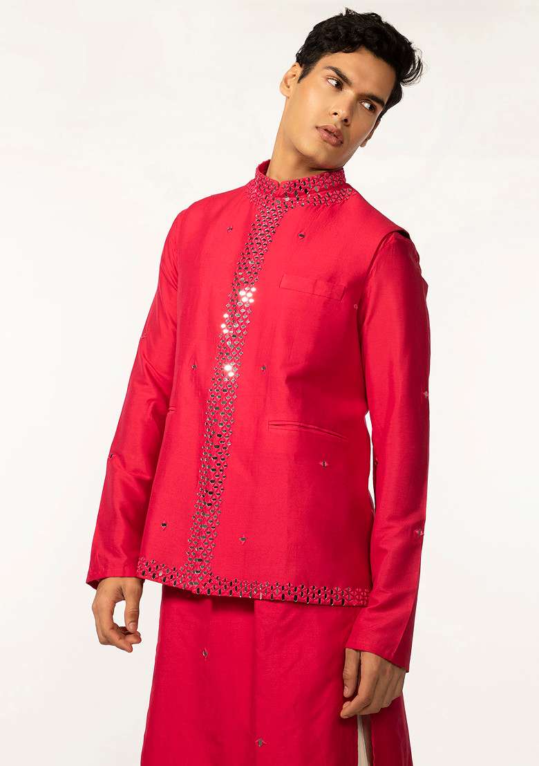 Hot Pink Mirror Work Bundi Jacket For Men - Indya