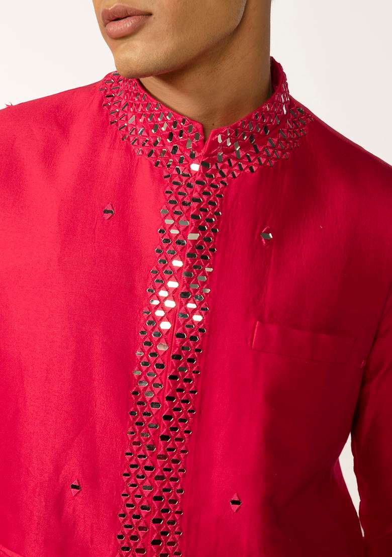 Hot Pink Mirror Work Bundi Jacket For Men - Indya