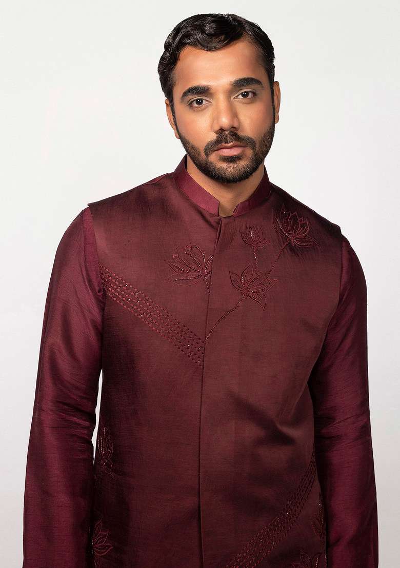 Wine Lotus Bundi Jacket For Men - Indya