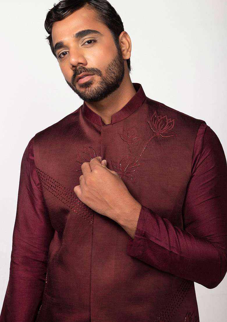 Wine Lotus Bundi Jacket For Men - Indya