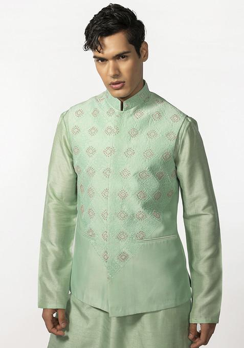 Sea Green Embroidered Bundi Jacket For Men