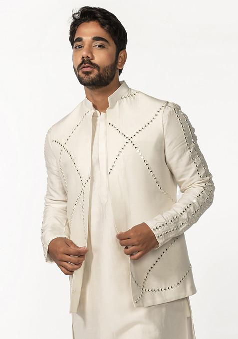 Ivory Embroidered Mirror Work Jacket For Men