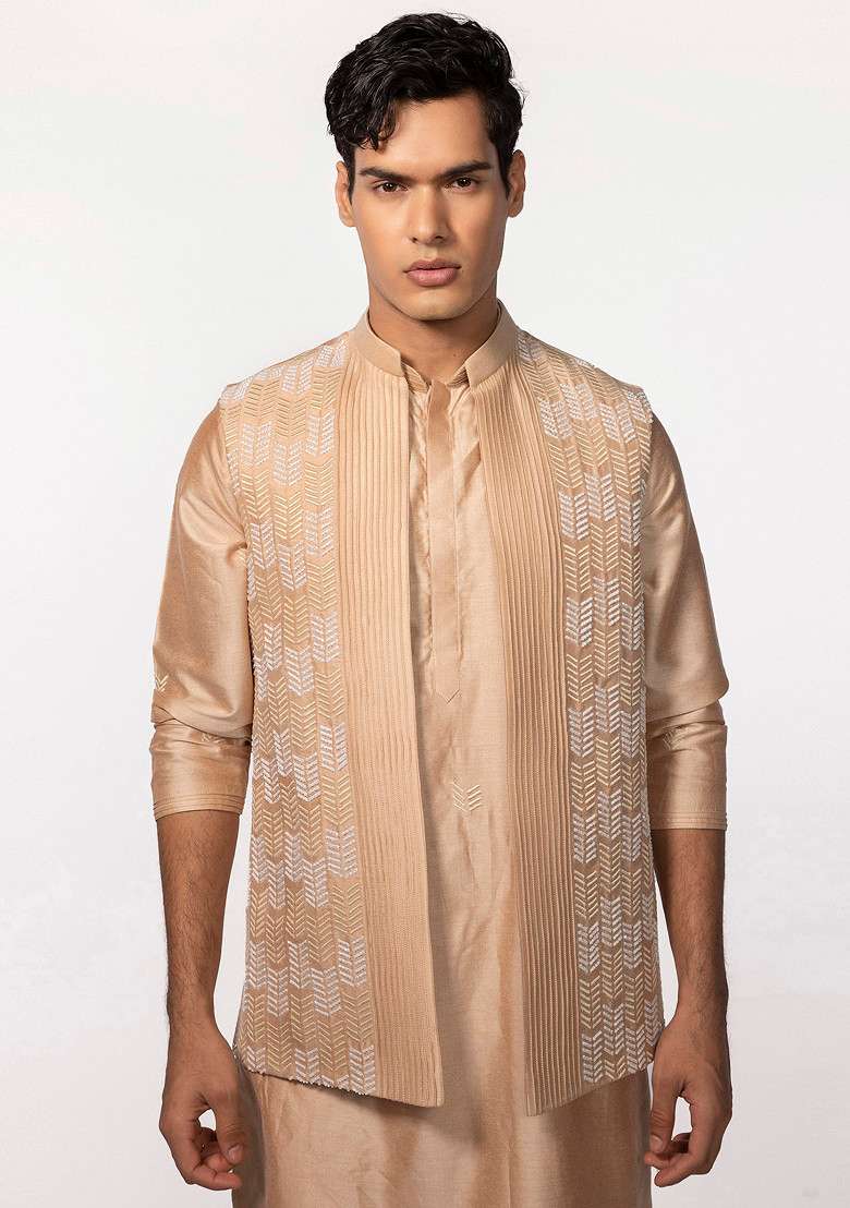 Rose Gold Pintuck Embroidered Bundi Jacket For Men - Indya