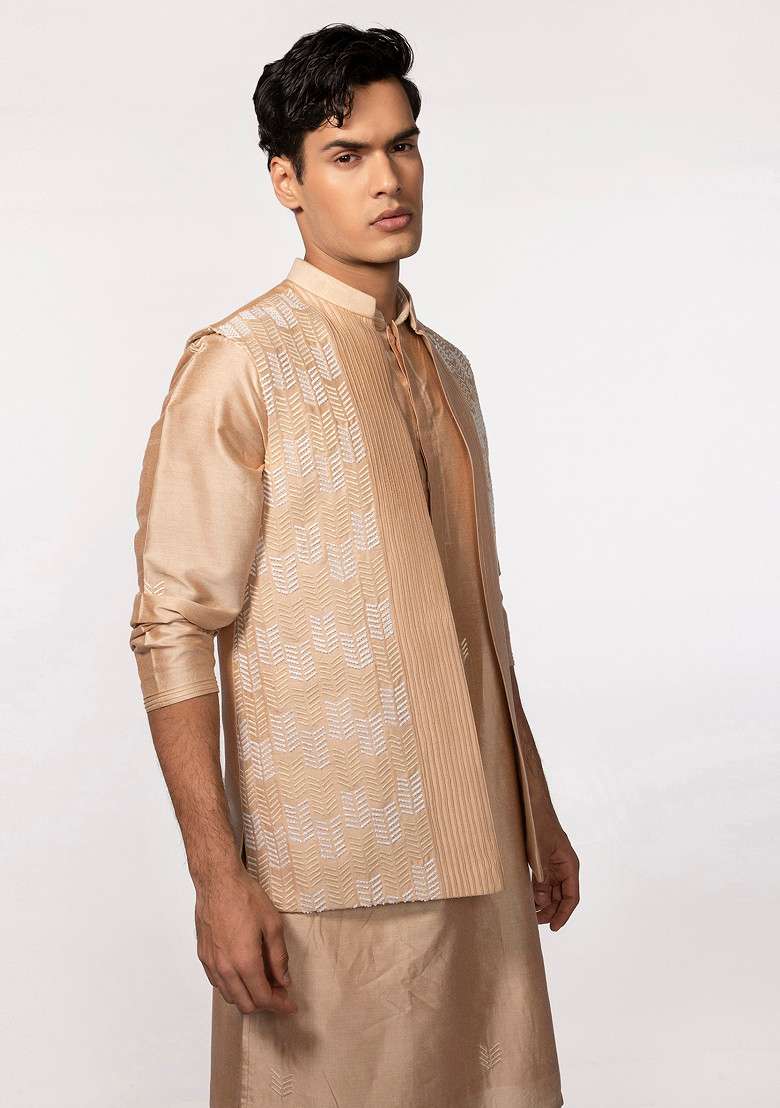 Rose Gold Pintuck Embroidered Bundi Jacket For Men - Indya