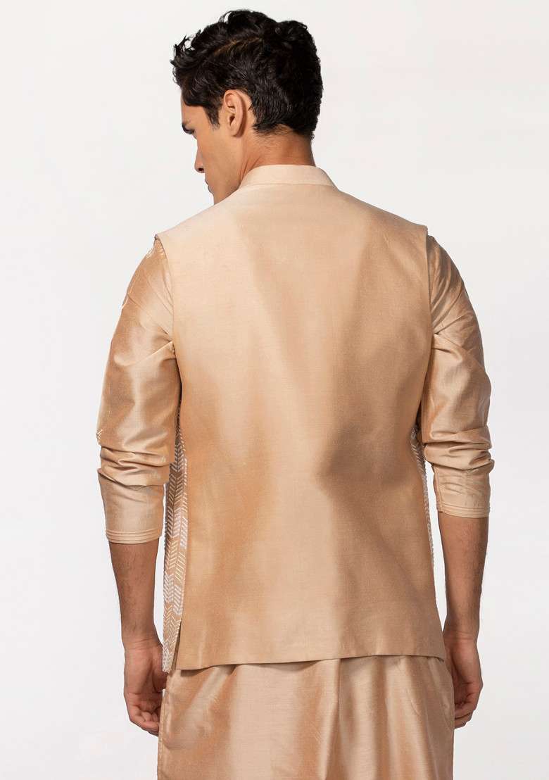 Rose Gold Pintuck Embroidered Bundi Jacket For Men - Indya