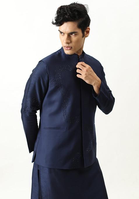 Midnight Blue Bundi Thread Work Jacket For Men