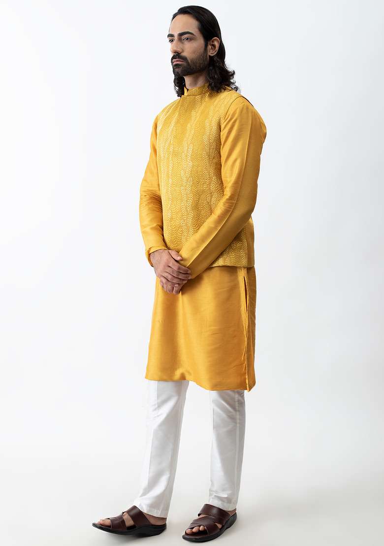 Mustard Yellow Embroidered Bundi Jacket For Men - Indya