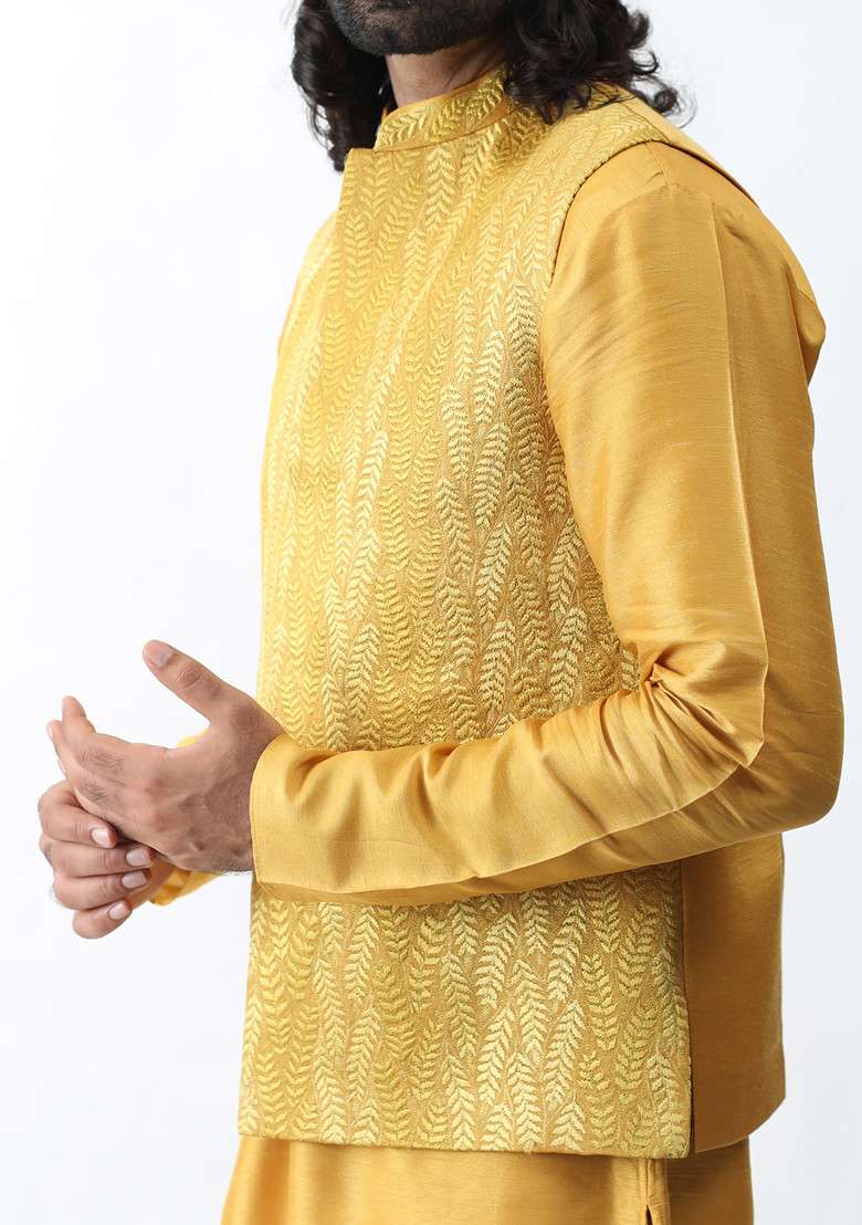 Mustard Yellow Embroidered Bundi Jacket For Men - Indya