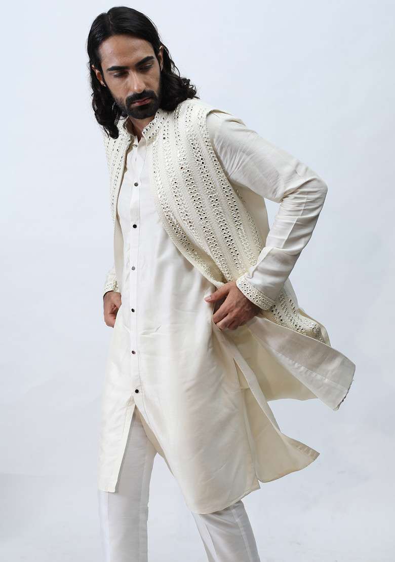 Ivory Achkan Jacket For Men - Indya
