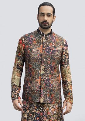 Black Printed Mirror Work Bundi Jacket For Men
