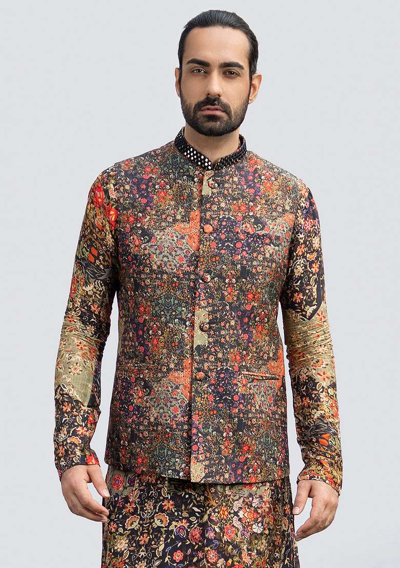 Black Printed Mirror Work Bundi Jacket For Men - Indya