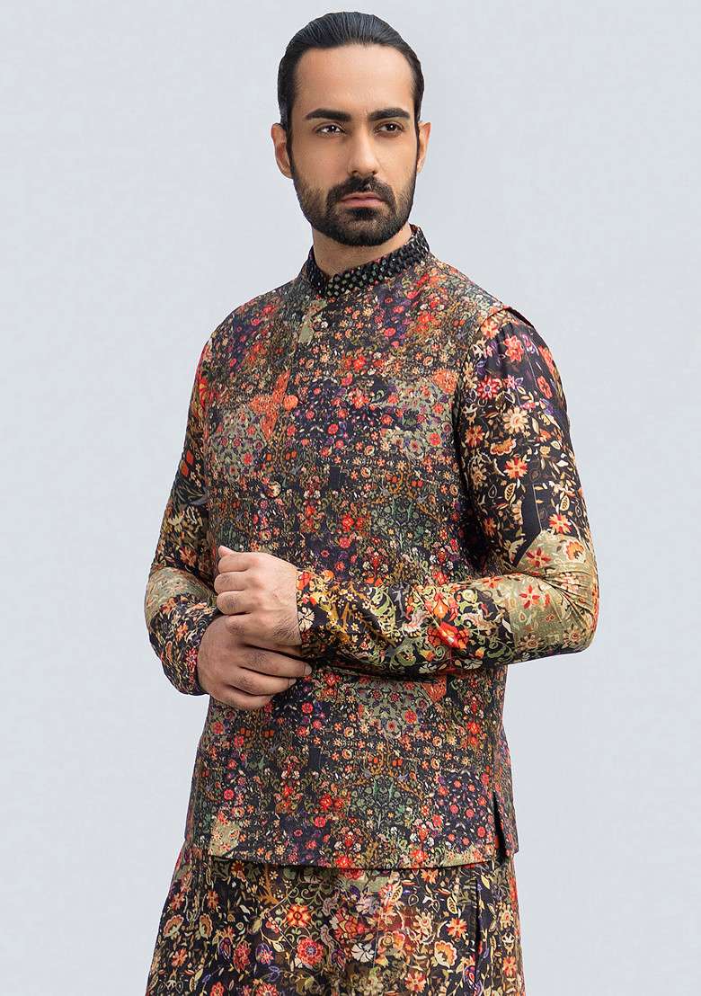 Black Printed Mirror Work Bundi Jacket For Men - Indya