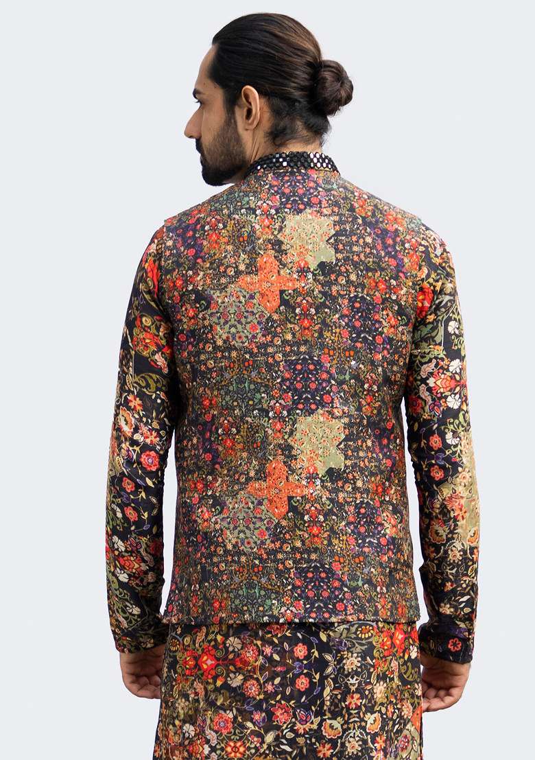 Black Printed Mirror Work Bundi Jacket For Men - Indya