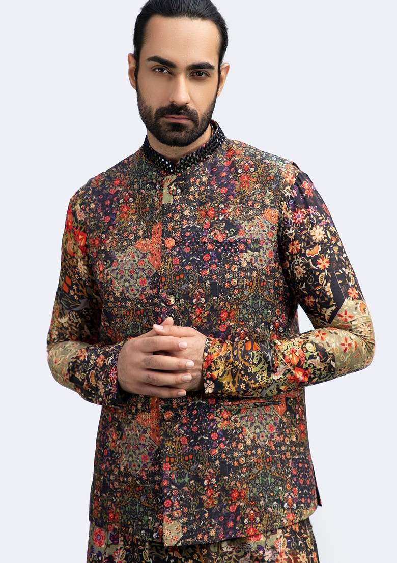 Black Printed Mirror Work Bundi Jacket For Men - Indya