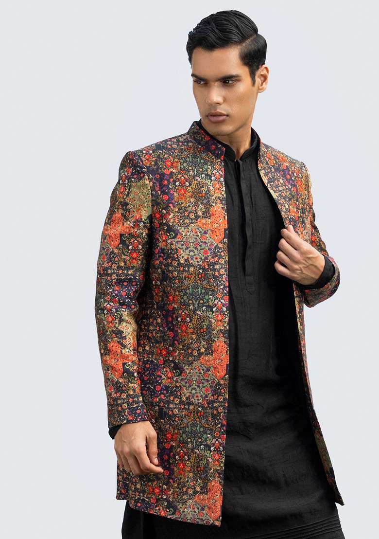 Black Printed Long Open Jacket For Men - Indya