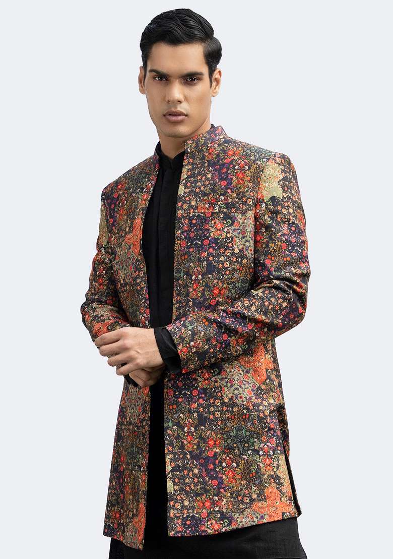 Black Printed Long Open Jacket For Men - Indya