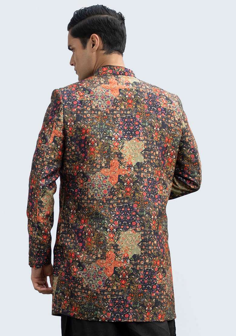 Black Printed Long Open Jacket For Men - Indya