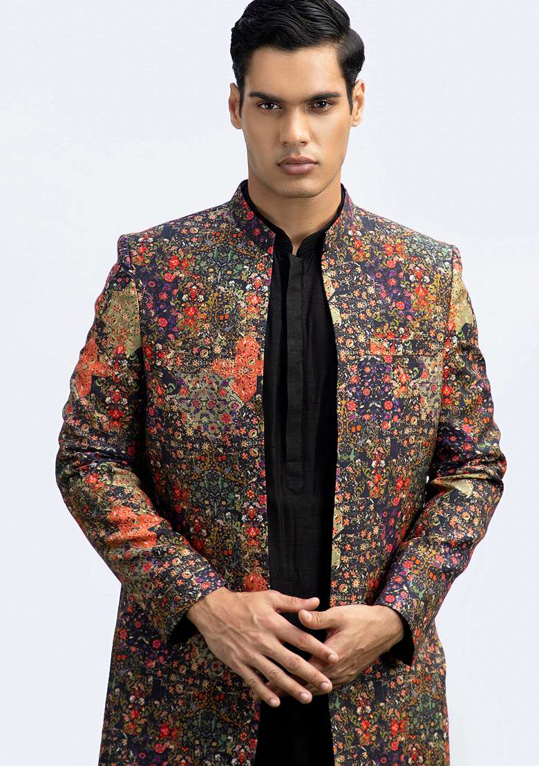 Black Printed Long Open Jacket For Men - Indya