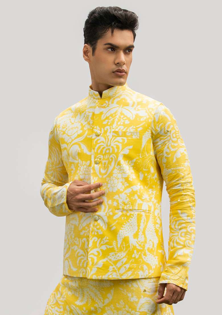 Yellow Printed Bundi Jacket For Men - Indya