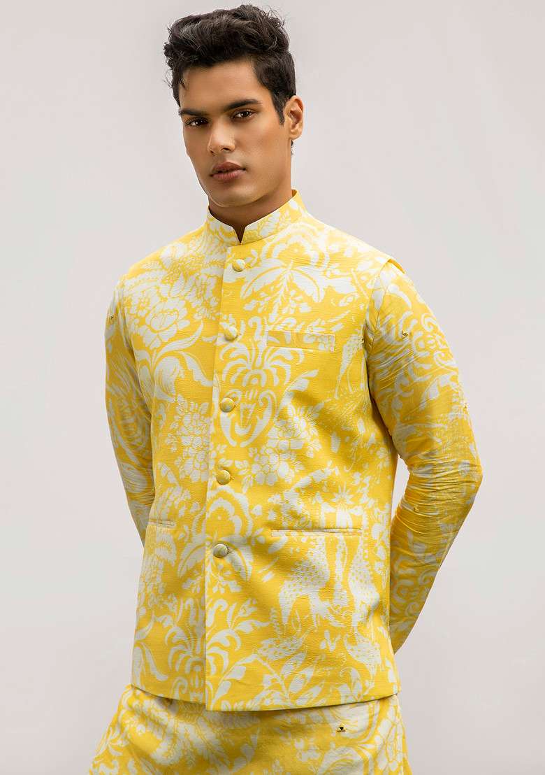 Yellow Printed Bundi Jacket For Men - Indya