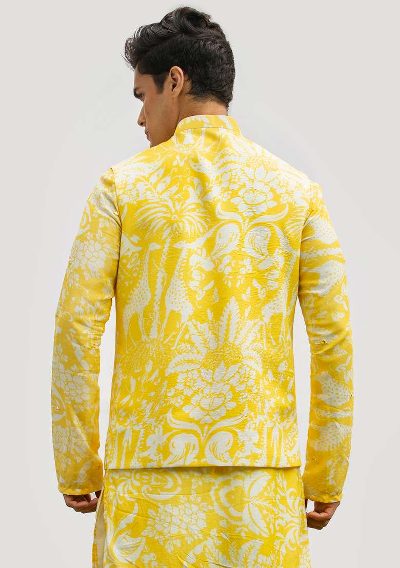 Yellow Printed Bundi Jacket For Men - Indya