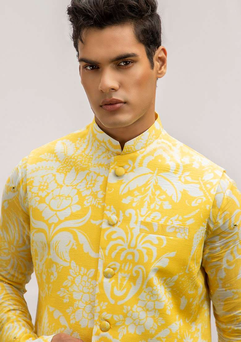 Yellow Printed Bundi Jacket For Men - Indya