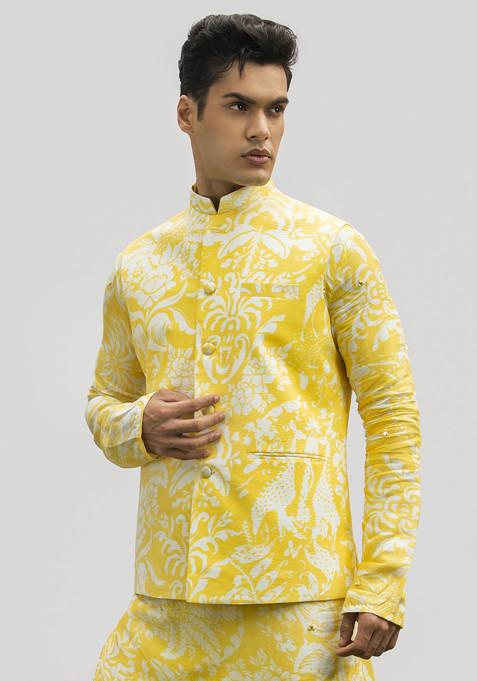 Yellow Printed Bundi Jacket For Men