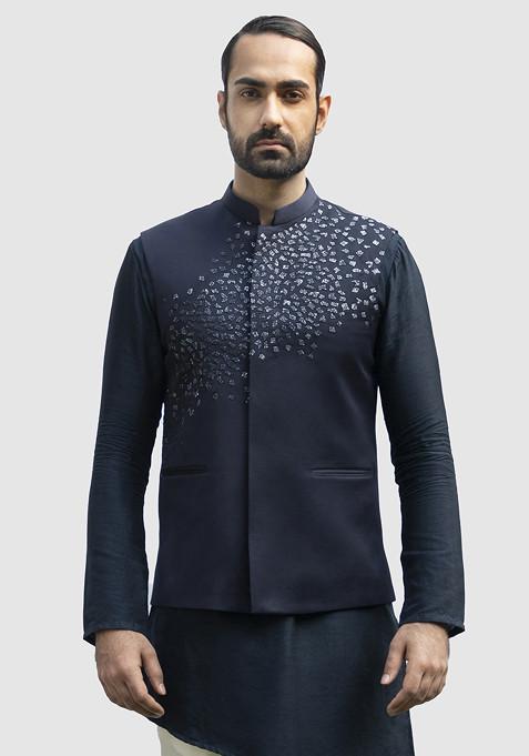 Navy Blue Embellished Bundi Jacket For Men
