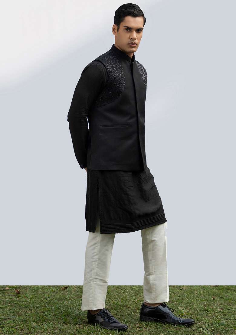 Black Embellished Bundi Jacket For Men - Indya
